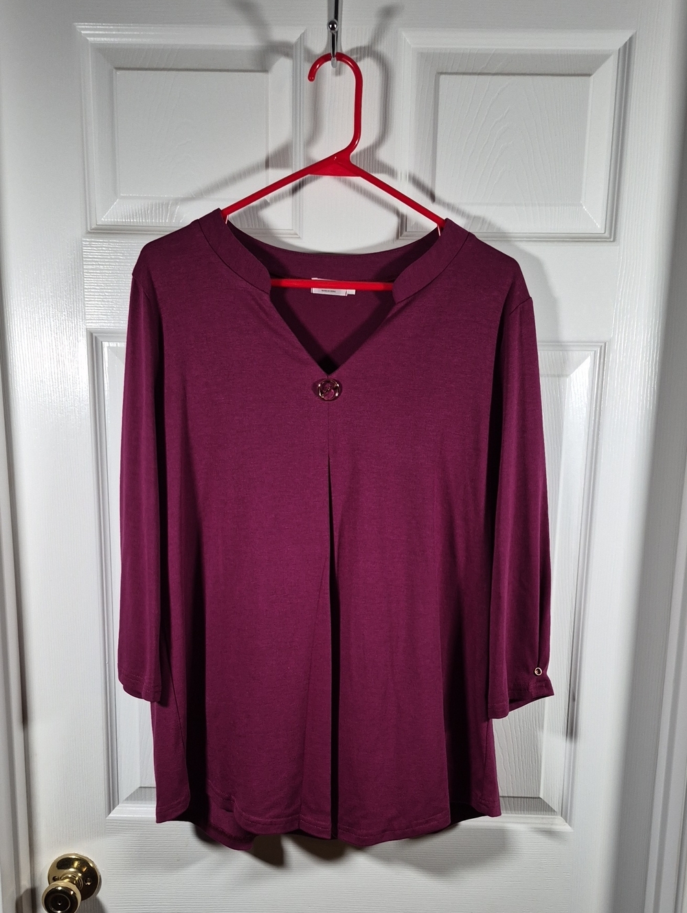 Women's Wine V-Neck Tunic with Single Button Accent